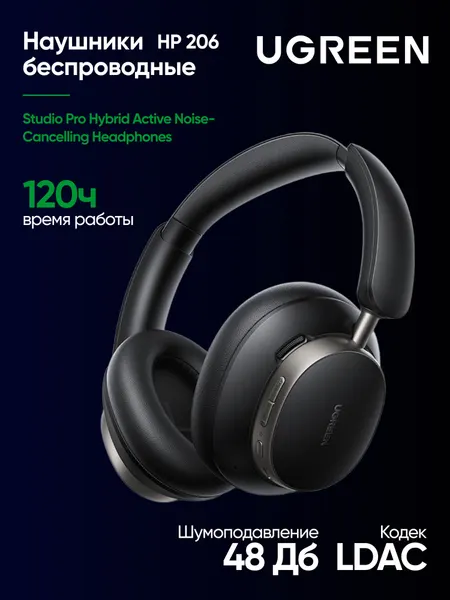 Наушники накладные UGREEN HP206 (55687) Studio Pro Hybrid Active Noise-Cancelling Headphones. Цвет: черный