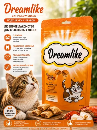 Лакомые подушечки для кошек Dreamlike со вкусом краба, 75 грамм