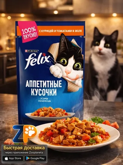 Влажный корм для кошек Felix с курицей и томатом в желе, 75 грамм