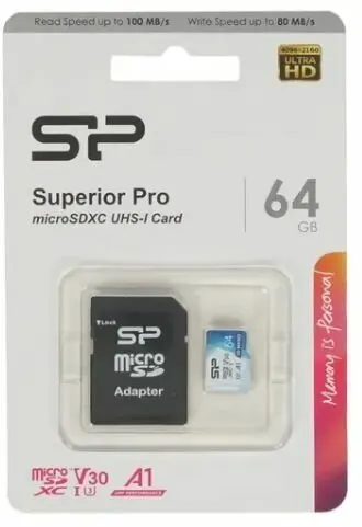 Карта памяти Silicon Power Superior Pro microSDXC 64 ГБ (SP064GBSTXDU3V20AB) - A1, Clаss 10, UHS Class 3, Video Clаss 30, запись - 80 Мбайт/сек, чтение - 100 Мбайт/сек