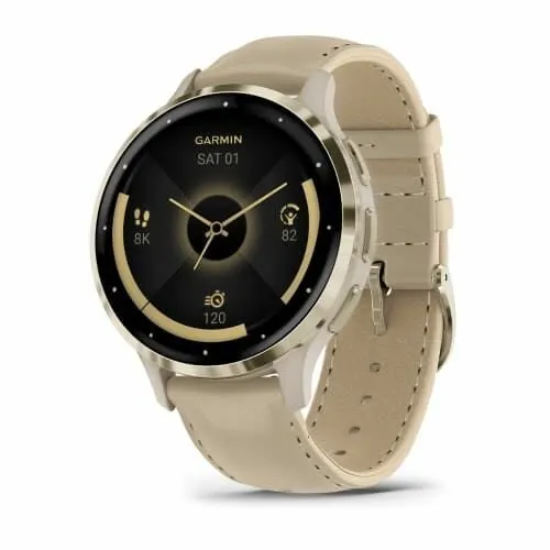 Часы Garmin VENU 3S цвета "французский серый" с золотистым безелем и кожаным ремешком