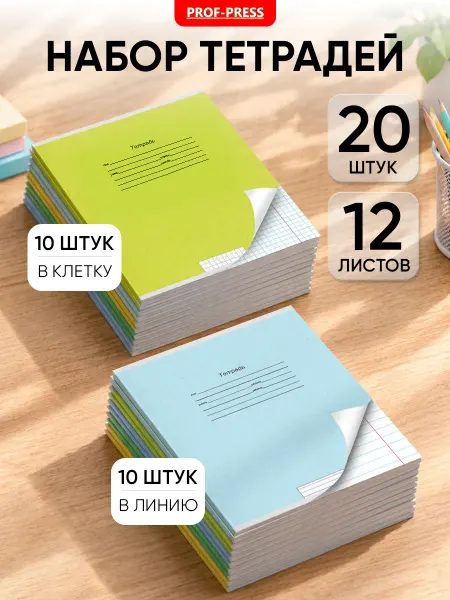 TM Profit Тетрадь 12 листов в клетку и в линейку 20 штук