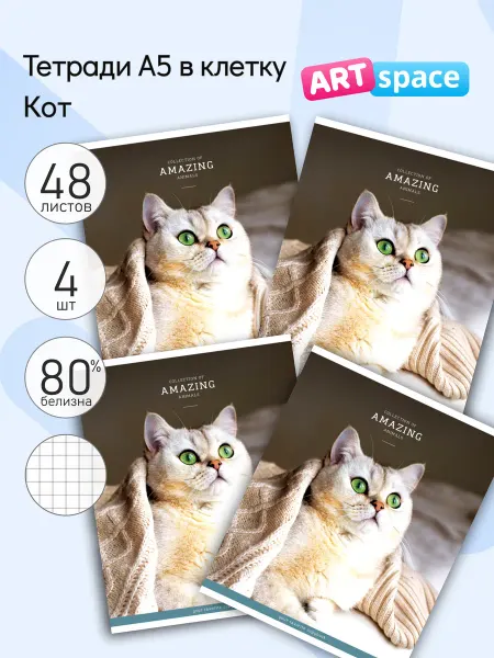 ArtSpace 4 шт. Тетрадь 48л, А5, клетка "Питомцы. Кот", 60г м2
