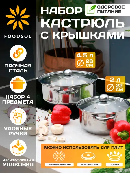 FOODSOL Набор кастрюль на кухню 2л и 4,5л с крышкой