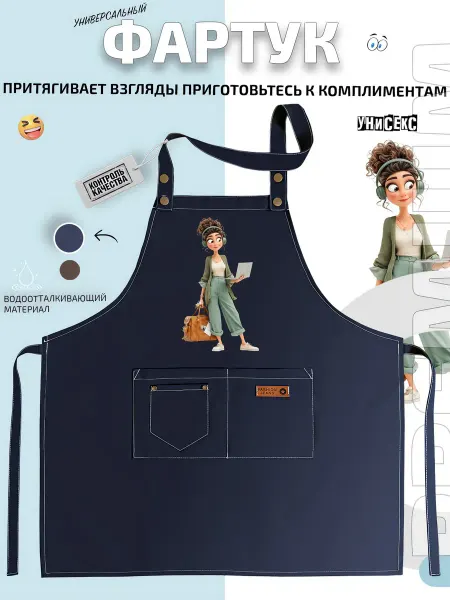 FashionJeans Фартук девушка с ноутбуком, наушниками и сумкой