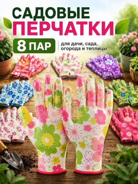 Перчатки садовые с непромокаемым покрытием 8 пар