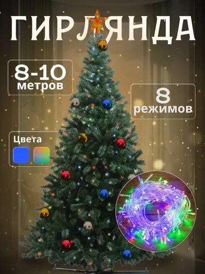 Новогодняя гирлянда для украшения ёлки, 8-100 метров, разноцветные, 8 режимов свечения