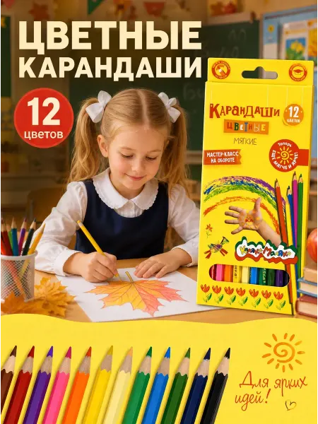 КАЛЯКА-МАЛЯКА Карандаши цветные мягкие набор 12 цветов детские школьные