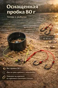 Карповая оснастка "Пробка" 80 грамм с поводками и крючками, готовый монтаж с вертлюгом для донной ловли