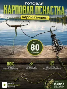 Фидерная оснастка для рыбалки "Карп-Стандарт" 80 грамм, готовый карповый монтаж с кормушкой, крючком и поводком