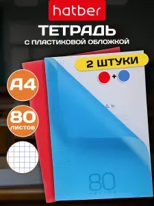 Тетрадь А4 80 листов в клетку на скобе 2 штуки пластиковая обложка Красная и Синяя