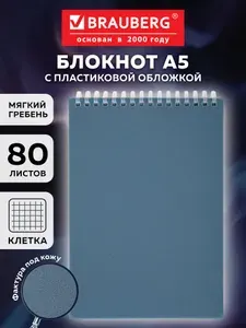 Блокнот для записей А5, тетрадь в клетку 80 листов, записная книжка на силиконовом гребне, пластиковая обложка, синий, Brauberg
