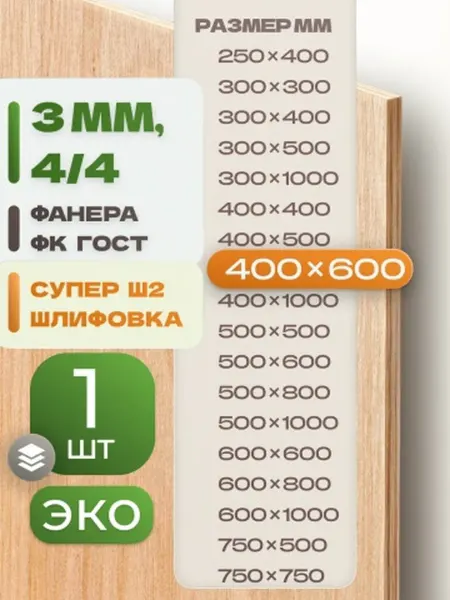 ВолгаФанерный Завод Фанера ФК 400х600 3 мм 1 лист Сорт 4 4 строительная Ш2