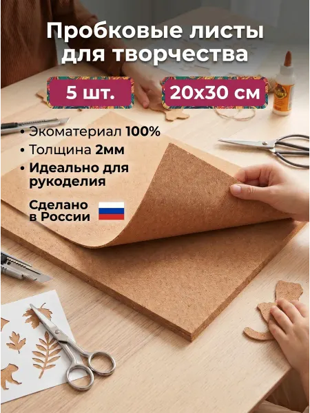 Пробковая подложка, 2 мм, 5 листов 20х30 см