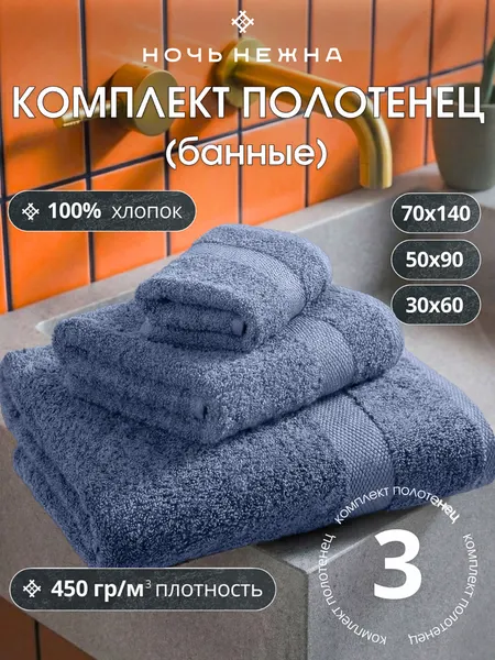 Полотенца банные махровые Ночь Нежна набор 3 шт морская волна