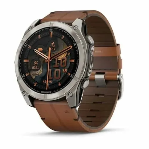 Часы Garmin fenix 8 - 51 mm, AMOLED, Sapphire Graphit/Carbongrau Titan DLC/титановый серый с кожаным ремешком (010-02905-40)
