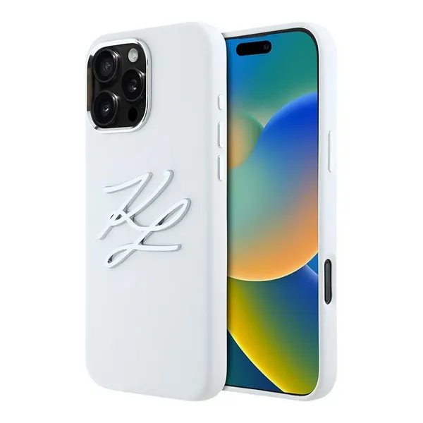 Karl Lagerfeld силиконовый чехол для iPhone 16 Pro, Liquid Silicone Metal Logo Initials белый