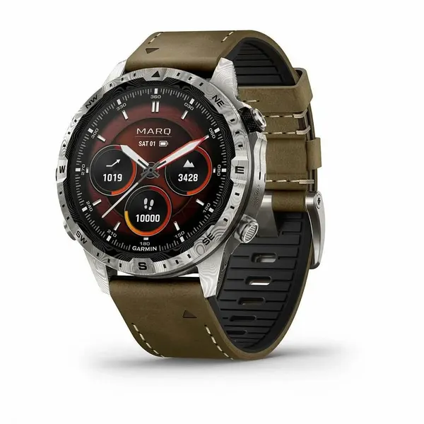 Умные часы Garmin MARQ Adventurer Gen 2, 46 мм, дамасская сталь, GPS, коричневый ремешок