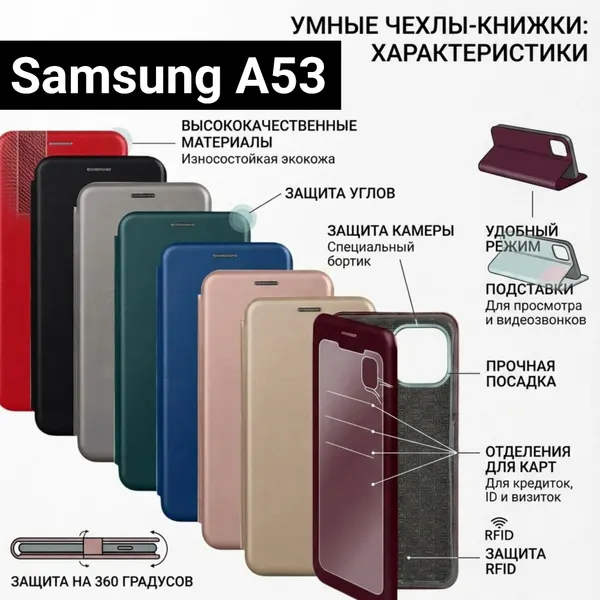Чехол книжка для Samsung Galaxy A53 с магнитным замком и отделением для карт, синий