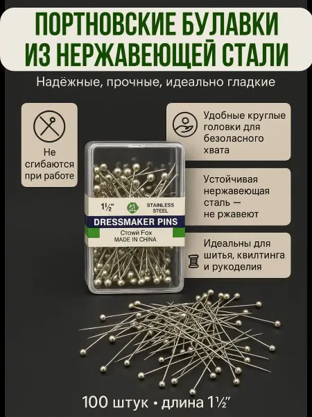 Алтынайка Портновские булавки с головками тонкие длинные
