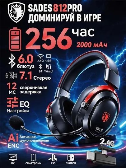 Sades 812 Pro Чёрный — беспроводная игровая гарнитура с ENC-микрофоном и RGB-подсветкой