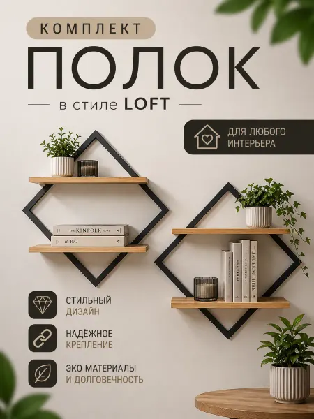 МЕБЕЛЬ PRO Полки настенные белые комплект 2 штуки дуб на рамке