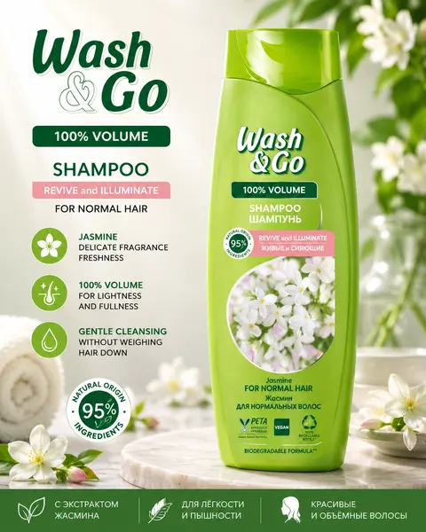 Шампунь для волос Wash&Go жасмин, для всех типов, с экстрактом, без парабенов, 360мл