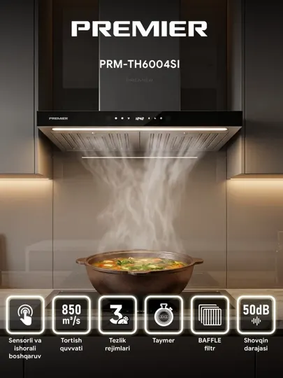 Кухонная вытяжка Premier PRM-TH6004SI — мощность всасывания 850 м³/час