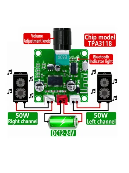 TPA3118 45Вт×2 мини Bluetooth аудио усилитель 12–28В с AUX входом