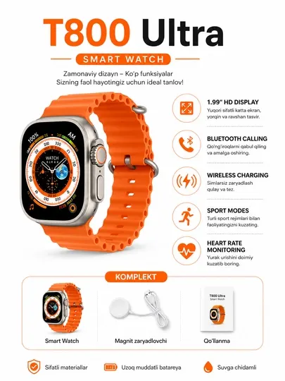 Смарт-часы T800 Ultra, Bluetooth, с функцией звонков, для Android и iPhone