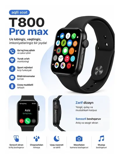 Смарт-часы T800 Pro Max, Bluetooth-звонки, сенсорный экран, спортивные режимы