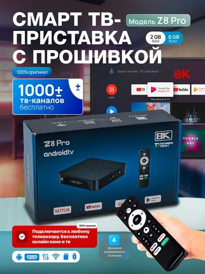 ТВ-приставка Z8 Pro 8K на Android / Smart TV Box / Google TV Wi-Fi Bluetooth Netflix YouTu