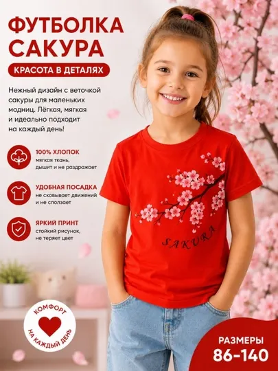 Футболка SAKURA для девочек, 100% хлопок, розовая летняя футболка, 1–12 лет