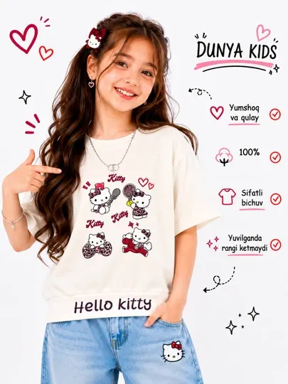 Футболка для девочек, футболка hello kitty, детская одежда, летняя футболка, 8-12 лет