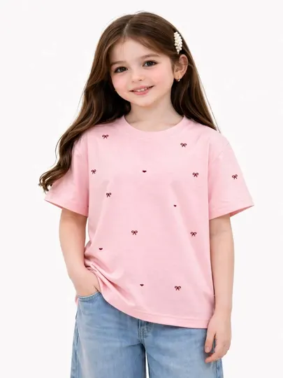 Футболка для девочек, casual, с сердечками, 10-14 лет