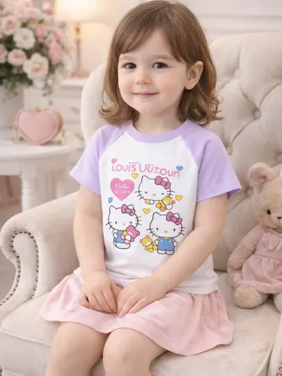 Футболка Hello Kitty для девочек, лиловая, оверсайз, модная детская одежда