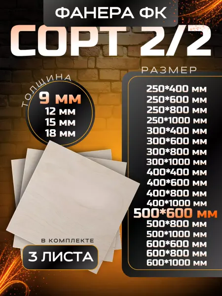 Вятский тес Фанера строительная и для творческих работ 500*600 9мм 3 шт