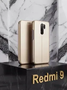Кожаный чехол для Xiaomi Redmi 9 с визитницей из экокожи книжка. Золото