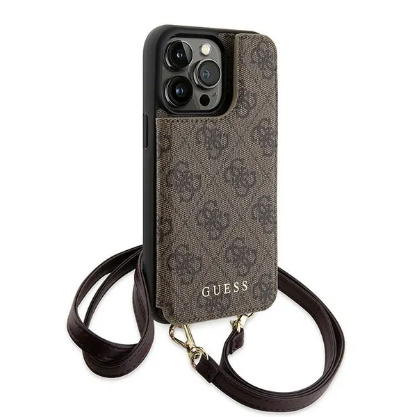 Guess Crossbody 4G чехол с картхолдером на магните для iPhone 15 Pro Max, коричневый