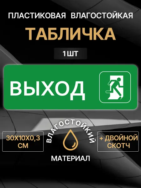 Табличка Выход, 30х10 см, зеленая, 1 шт