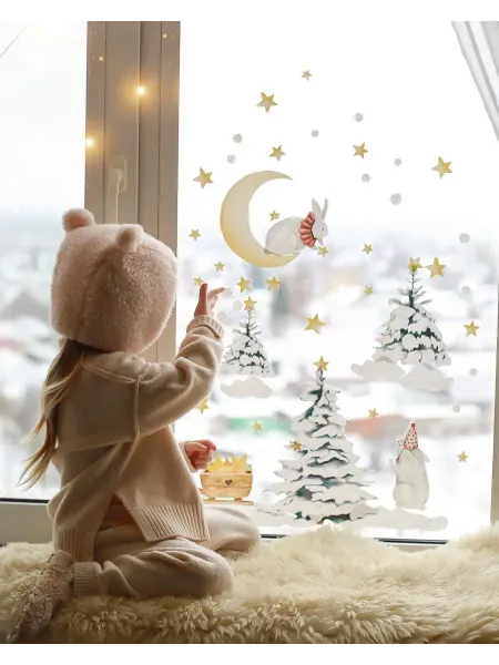 Kotya Motya DESIGN Наклейки на окна новогодние Звездопад зайчики