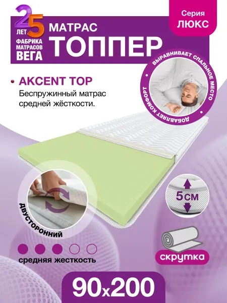 VEGARUS Топпер 90х200, матрас на диван, на кушетку, на кровать