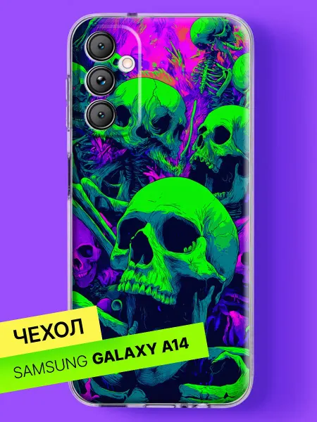 Samsung Чехол на A14 4G с принтом Зелёные черепа