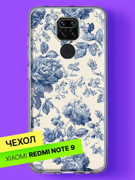 Xiaomi Чехол на Redmi Note 9 с принтом Пионы в стиле гжель
