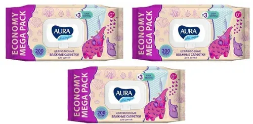 Aura Влажные салфетки для детей Ultra Comfort, 0+, 200 штук в упаковке, 3 уп //