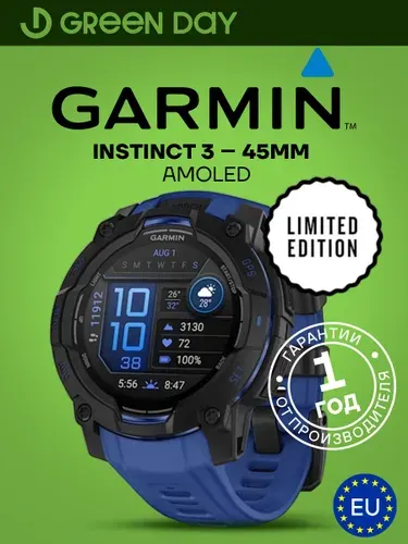 Смарт-часы Garmin INSTINCT 3, AMOLED, 45 mm, BLACK WITH BOLT BLUE/BLACK BAND, 010-02936-03, Европейская поставка, Гарантия 1Год