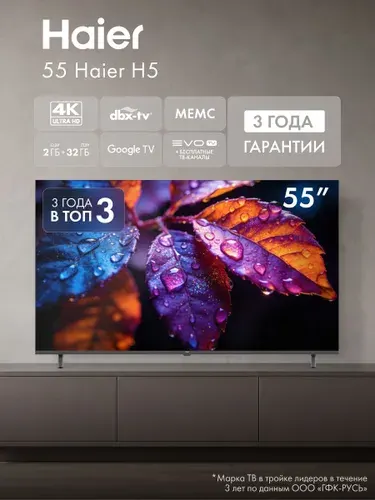 Haier Телевизор H5 (2026) Google TV, HDR 10, 60 Гц, Wi-fi, Dolby Audio, Evo TV, MEMC 55″ 4K UHD, черный, черно-серый