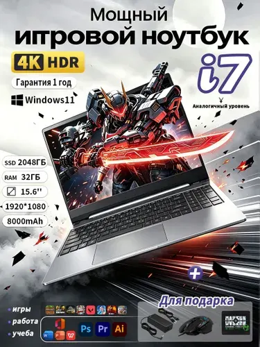 Izik Ноутбук для учебы и работы игровой Мощный Ноутбук 15.6", Intel Celeron 3855U, RAM 32 ГБ, SSD 2048 ГБ, Windows Pro, серебристый, Русская раскладка