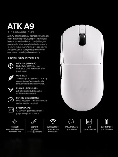 ATK 9A Беспроводная Игровая Мышь, RGB, Сенсор PixArt, Для ПК и Ноутбука