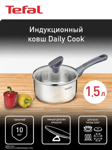 Ковш кухонный с крышкой Tefal Daily Cook 16 см из нержавеющей стали, с мерной шкалой, со сливными носиками, для газовых, электрических и индукционных плит
